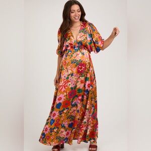 Vanilla Bay Pink Blush Orange Retro Floral Satin V-Neck  Maternity Maxi Dress